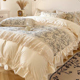 4Pcs French Vintage Pastoral Flower Cotton Bedding Hollow Lace Duvet Cover Princess Style Bedding 200x230 220x240