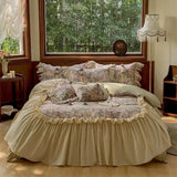 4/5Pcs Vintage French Style Flowers Pleated Lace Ruffles Bedding Set Egyptian Cotton Duvet Cover Bed Skirt Bed Sheet Pillowcases