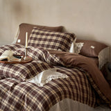 Korean Style Colorful Plaid Princess Bedding Set, 100% Cotton Yarn-Dyed Lace Duvet Cover Bed Sheet/Fitted Sheet Pillowcases 4Pcs