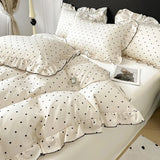 Korean Pink Heart Duvet Cover Sets For Girls New Blue Dot Ruffles Bedding Sets 4PCS Queen Size for Bedroom Guest Room
