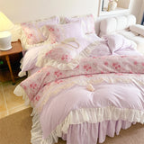 3/4Pcs French Romantic Lace Printed Ruffle Bedskirt Queen Size Quilt Cover Princess Style Boiled Cotton Double Bedding Set