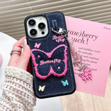 Embroidery Butterfly Jean Cloth Denim Case For iPhone 12 13 14 15 16 Pro Max 11 Phone Case with Pendant Keychain Soft Back Cover