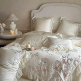 Flowers Embroidery Lace Ruffles Wedding Bedding Set Lyocell Silky Cooling Duvet Cover Set Flat/Fitted Bed Sheet Pillowcases 4Pcs