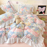 French Princess Lace Ruffles Bedding Set Washed Cotton Skin-friendly Duvet Cover Set with Sheet Soft Printed Flowers Quilt Cover