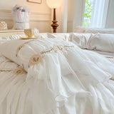 4/6Pcs Vintage French Pleated Pastoral Style Lace Ruffles Embroidery Bedding Set Duvet Cover Set Bedspread Bed Skirt Pillowcases