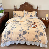 French Pastoral Style Rose Flowers Print Lace Bedding Set Single Queen King Size 100% Cotton Duvet Cover Bed Sheet Pillowcases