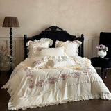 Rose Flowers Embroidery Lace Ruffles Luxury Bedding Set 1000TC Egyptian Cotton Duvet Cover Set Flat/Fitted Bed Sheet Pillowcases