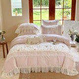 Three-dimensional Rose Lace Ruffles Princess Wedding Bedding Set Egyptian Cotton Duvet Cover Flat/Fitted Bed Sheet Pillowcases