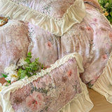 100% Cotton Double-layer yarn Bedding Set Vintage Chic Flowers Wide Chiffon Ruffle Edge Duvet cover Bed Sheet Pillowcases 4Pcs
