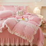 Korean Luxury Lace Ruffles Bedding Set Skin-Friendly Washed Cotton Princess Style Duvet Cover Bed Sheet Pillowcase Home Textiles