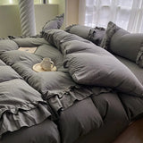 Ins Princess Bedding Set Double Layer Lace Simple Solid Duvet Cover Soft Wash Cotton 4pcs For Girl Spring Home Textiles