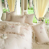 Rose Flowers Embroidery Lace Ruffles Princess Bedding Set 100% Cotton Duvet cover Set Bed Sheet Fitted Sheet Pillowcases 4Pcs