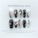 10Pcs Handmade Press on Nails Long Coffin Love Rhinestone Bow Design Fake Nails French Ballerina Wearable Full Cover Nail Tips