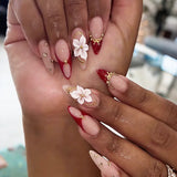 24pcs Red French Press on Nails Almond False Nails 3D Flowers Stick on Nails Sweet Cool Golden Line Nail Rhinestone Fake Nail