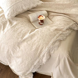 20% Linen And 80% Cotton Vintage French Jacquard Lace Embroidery Bedding Set Duvet Cover Flat/Fitted Bed Sheet Pillowcases 4Pcs