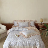 Vintage Floral 100% Cotton Double Gauze Soft Bedding Set Duvet Cover with Crochet Lace & Ruffle Trim, Bed Sheet Pillowcases 4Pcs