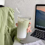 Glass Coffee Mug with Straw Transparent Straw Glass Mug with Lid Household Vertical Stripe Water Mug Drinkware