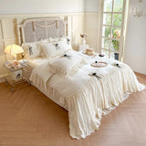 4Pcs Romantic Lace Ruffles Removable Bow Princess Wedding Bedding Sets Warm Milk Velvet Duvet Cover Bed Sheet Set Pillowcases