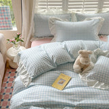 3pcs Pink Grid Bedding Set bedding set lace duvet cover and 2pcs pillowcases (no padding), suitable for bedroom
