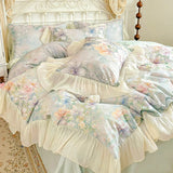 Egyptian Cotton Bedding Set Luxury Flowers Printing Lace Princess Duvet Cover Sets Fitted Bed Sheet Pillowcases Home Textile