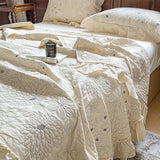 100% Cotton Linen Embroidered Lace Quilt Set - Solid Color Summer Lightweight 3-Piece Bedspread Set with Pillowcase Home Decor