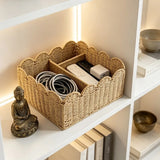 Rattan Effect Scalloped Edge Storage Basket Handles Plastic Woven Storage Basket Woven Handwoven Organizer Basket