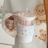 High Borosilicate Glass Star Straw Cup Household Transparent Large Capacity Drinking Cup for Girls with Lid and Handle Straw Cup