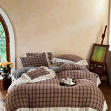 Vintage Plaid Flowers Lace Ruffles Bedding Set 100% Cotton Double Layer Yarn Duvet Cover Flat/Fitted Bed Sheet Pillowcases 4Pcs