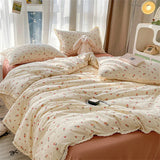 INS Girls Cherry Soft Bedding Set Washed Cotton Bed Sheet Queen King Size Duvet Set Flower Comforter Set Pillowcase Bed Linens