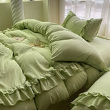 Ins Princess Bedding Set Double Layer Lace Simple Solid Duvet Cover Soft Wash Cotton 4pcs For Girl Spring Home Textiles