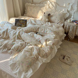 Korean Princess Style Flowers Print Ruffles 100% Cotton Bedding Set Duvet Cover Plaid Flat/Fitted Bed Sheet Pillowcases 3/4Pcs