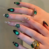 24Pcs French Y2K Sweet Cool Press on Nails Almond False Nails Metal Line Fake Nails Shiny Diamond Nail Black Heart Wearable Nail
