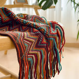 Bohemian Style Knitted Throw Blanket for Sofa Bed Retro Striped Decorative Blankets with Tassels Soft Comfortable Shawl Blanket
