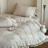 100% Cotton Vintage French Pleated Lace Ruffles Floral Princess Bedding Set Duvet Cover Flat/Fitted Bed Sheet Pillowcases 4Pcs