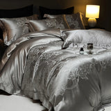 4Pcs Champagne Silk Damask Jacquard Egyptian Cotton Patchwork Luxury Bedding Set Duvet Cover Flat/Fitted Bed Sheet Pillowcases