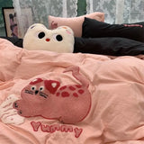 Korean Style Bedding Set Green Strip Black Cat Embroidery Washed Cotton  Duvet Cover Cute Cardboard  Bed linen Comforter Sets