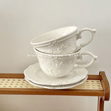 French Relief Coffee Cup Dish Set Exquisite Household Ceramic Drinking Cups With Handle White Round Plates 2Pcs Drinkware Suit