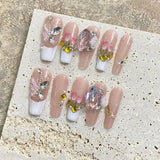 10Pcs Handmade Press On Nails Full Cover Strawberry Design Summer Rhinestone French Ballerina False Nails Wearable Manicure Nail