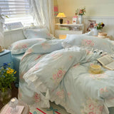 4Pcs Korean Princess Style Floral Ruffles Bedding Set Single Queen Size Soft Skin-friendly Washed Cotton Duvet Cover Pillowcase