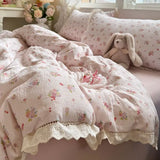 Korean Style Girly Heart Floral Double Layer Gauze Four-Piece Set Princess Style Lace Trim Quilt Cover Bed Sheet Dormitory
