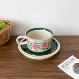 1Set Mid-Century Style Hand-Painted Flower Pattern Ceramic Cup and Saucer, High-End Exquisite Coffee Cup and Saucer, Suitable for Home Decoration, Home Drinking Water, Home Daily Use, Party, Breakfast Milk Cup, Afternoon Tea