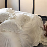 Flowers Embroidery Ruffles Purple Luxury Bedding Set 1000TC Egyptian Cotton Duvet Cover Flat/Fitted Bed Sheet Pillowcases 4Pcs