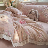 Korean Style Girly Heart Floral Double Layer Gauze Four-Piece Set Princess Style Lace Trim Quilt Cover Bed Sheet Dormitory