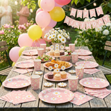 80pcs Pink Daisy Disposable Tableware Set Floral Paper Plates Cups Napkins For Baby Shower Girls Birthday Party Supplies
