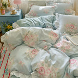 4Pcs Korean Princess Style Floral Ruffles Bedding Set Single Queen Size Soft Skin-friendly Washed Cotton Duvet Cover Pillowcase