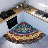Kitchen Corner Fan-shaped Floor Mat Retro Arc Flower Pattern PVC Foot Mats Absorbs Water Oil Non-slip Dirt-resistant Dark Carpet