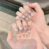 Handmade Press On Nails Pink Crystal Cat's Eye Long Artificial Nails 10pcs Glitter Diamond French False Nails Almond Wearable