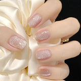 24Pcs Nude Pink Nail Tips Short Round Head False Nails with Design Wearable Finished Fake Nails Full Cover Press on Nails