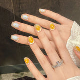 10pcs Short Square Handmade False Nails Tips Fantasy Glitter Cat's Eye Blue Press on Nails Sets Seashell Design Fake Nail Art