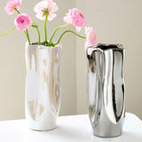 Luxury Electroplated Silver Ceramic Vase Flower Arrangement Irregular Porcelain Hydroponic Vase Ornament Interior Art Decoration